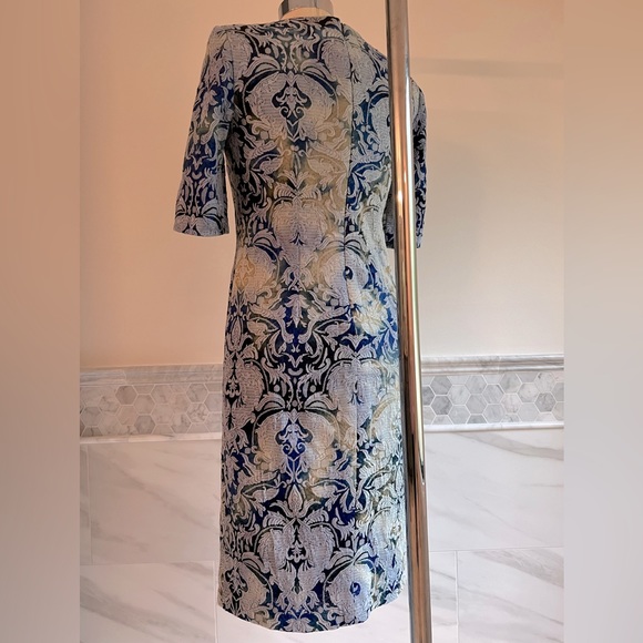 Betsey Johnson Damask Print Jacquard Elbow Sleeves Blue Dress Size 6 - Picture 4 of 6
